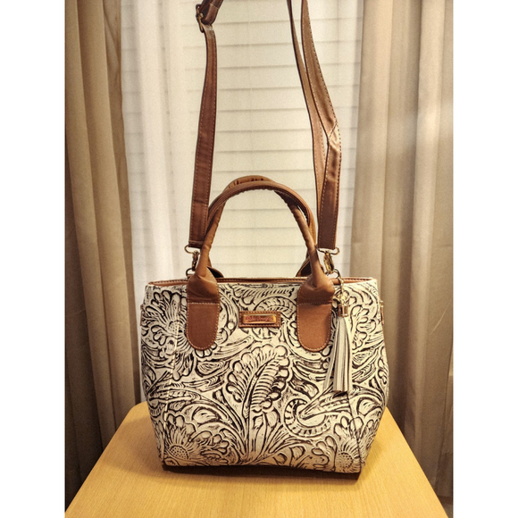 Brown Off White Zippered Floral Embossed Tooled Artisanal LEATHER Bag Purse - Picture 11 of 15